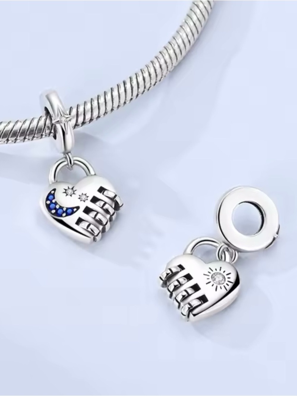 Pandora Silver Sun & Moon Heart Lock Dangle Charms with Blue Accents
